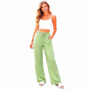 ZARA Linen Blend Wide Leg Pants Light Green Drawstring Casual Comfort L 81-40
